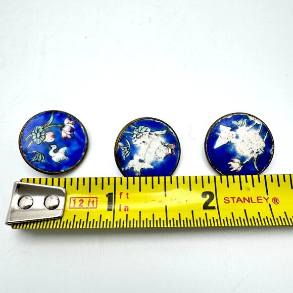 Chinese Cloisonné Buttons Set Of 3 Vtg Hand-Painted Floral Animal Blue Enamel - Picture 3 of 10